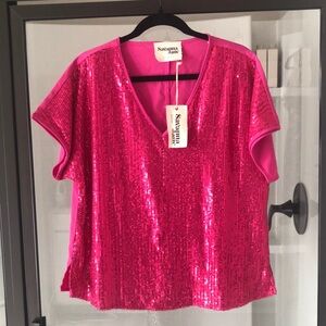 Savanna Jane Pink Sequin V neck top blouse NWT L barbiecore party club